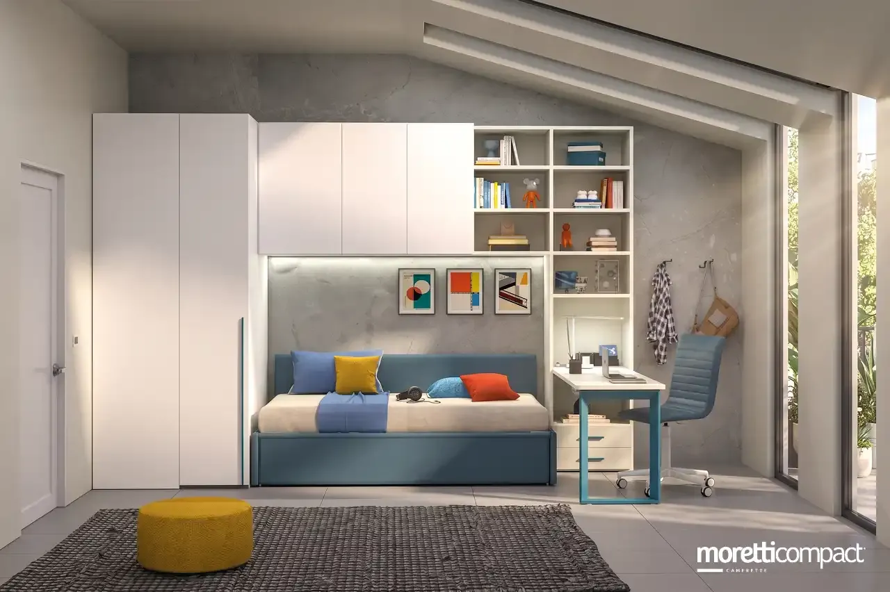 Cameretta Prime P106 Moretti Compact con divano letto sotto il ponte e libreria blu navy