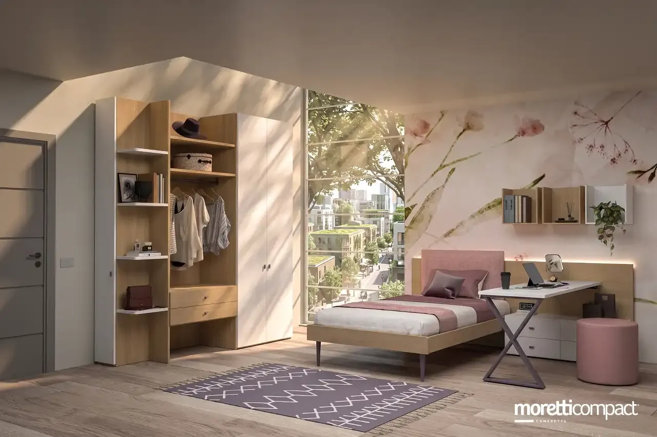 Cameretta Prime P107 Moretti Compact con pannello Wally, letto e armadio con terminale Jolly