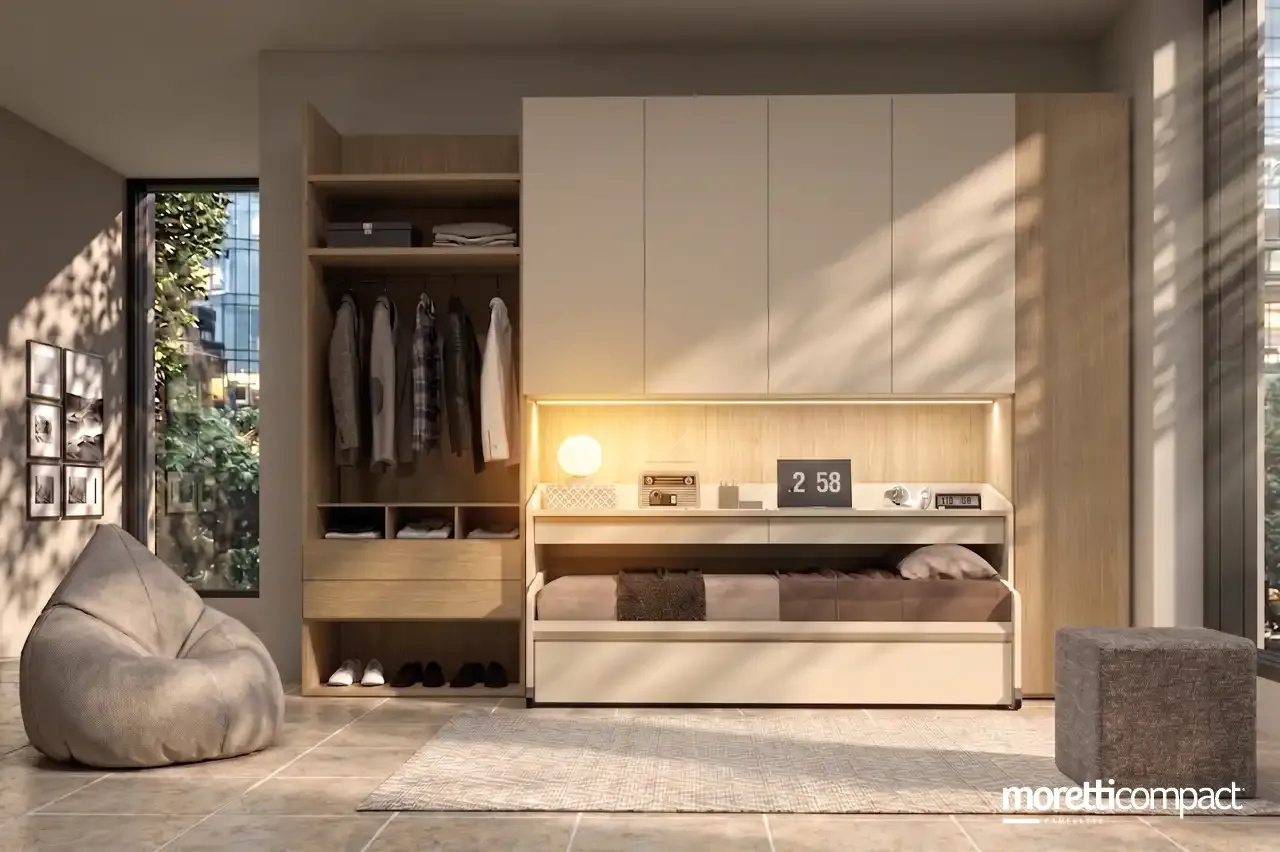 Cameretta Prime P108 Moretti Compact crema e rovere con letto Space Idea sotto il ponte