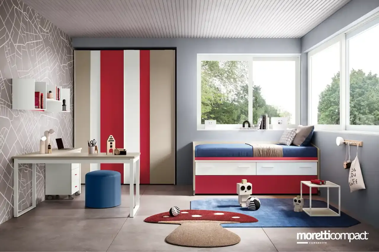 Cameretta Kids K110 Moretti Compact con letto Space Idea blu e rosso e armadio a strisce