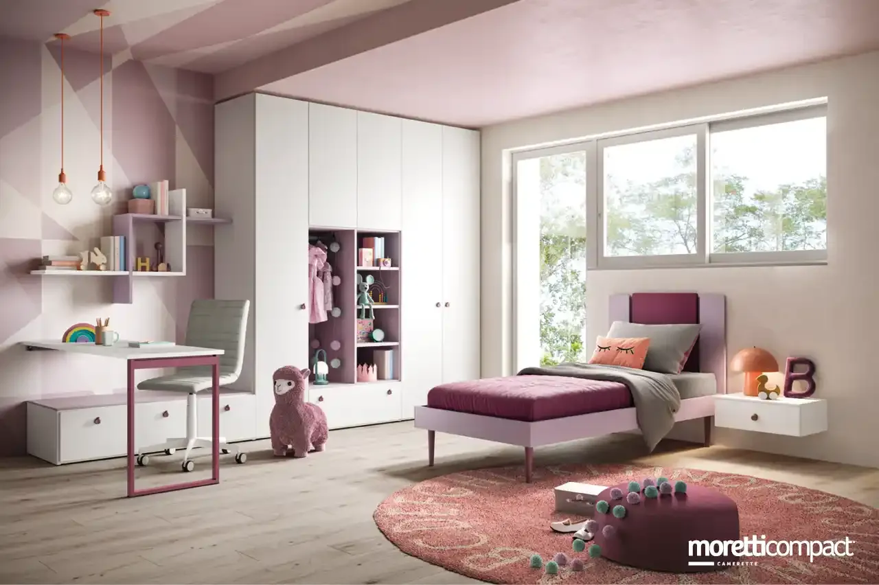 Cameretta Kids K112 Moretti Compact bianca e rosa con letto Pillar e armadio battente