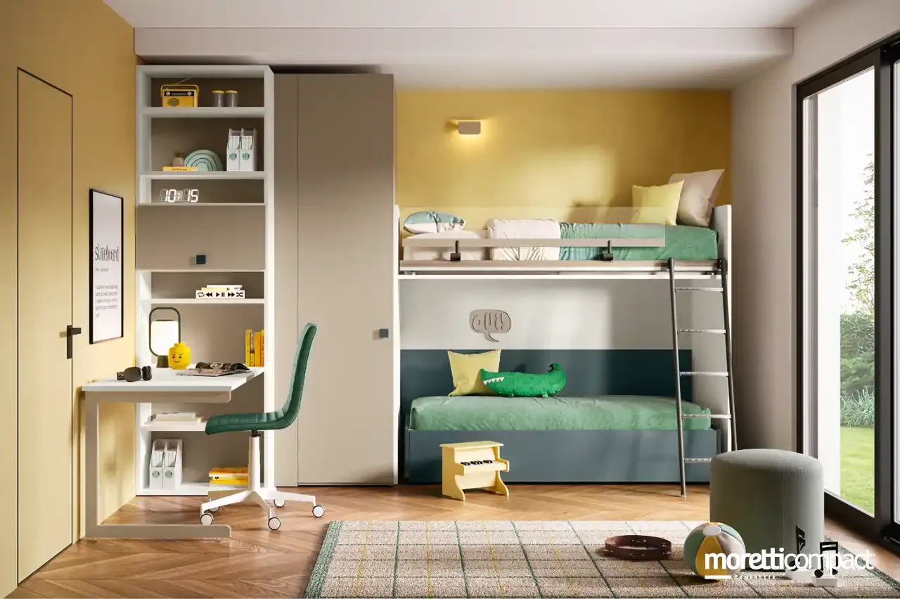 Cameretta Kids K114 Moretti Compact con soppalco Level, cabina armadio e scrivania