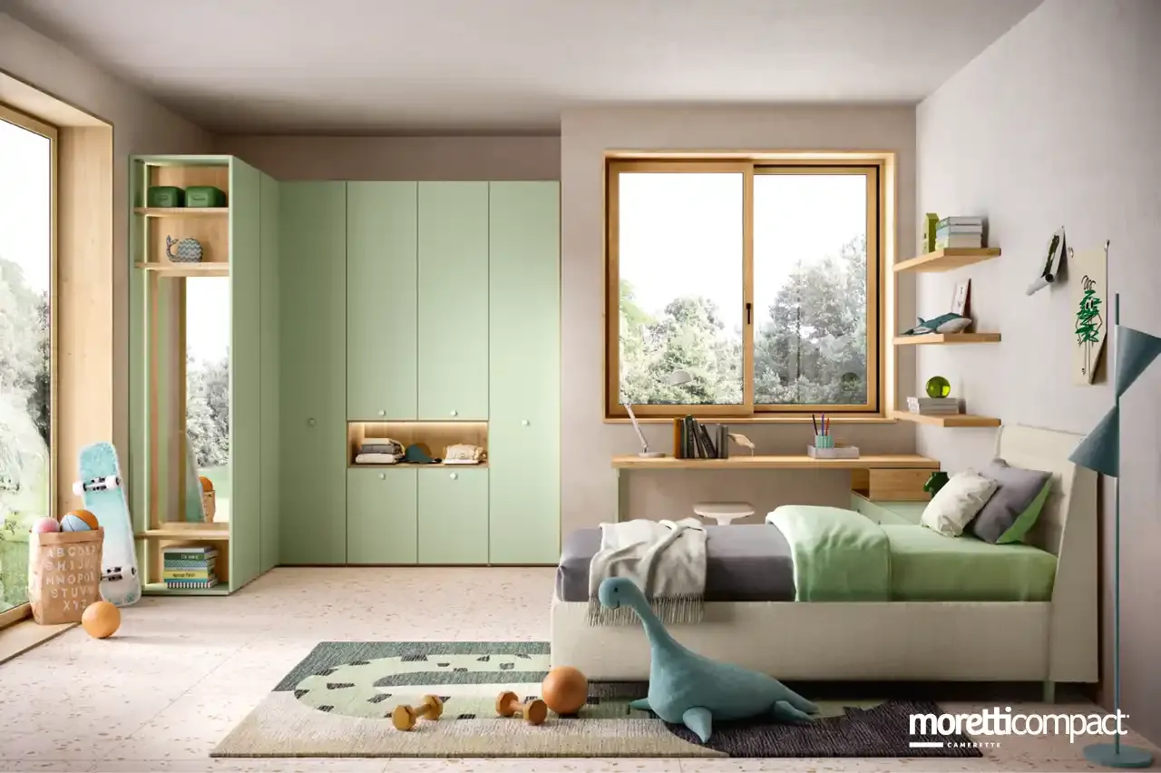 Cameretta Kids K117 Moretti Compact verde menta con letto Imperial imbottito e armadio ad angolo