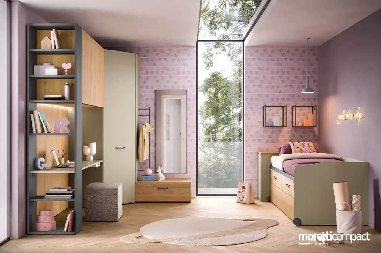 Cameretta Kids K122 Moretti Compact con cabina, ponte e scrivania in rovere e ardesia