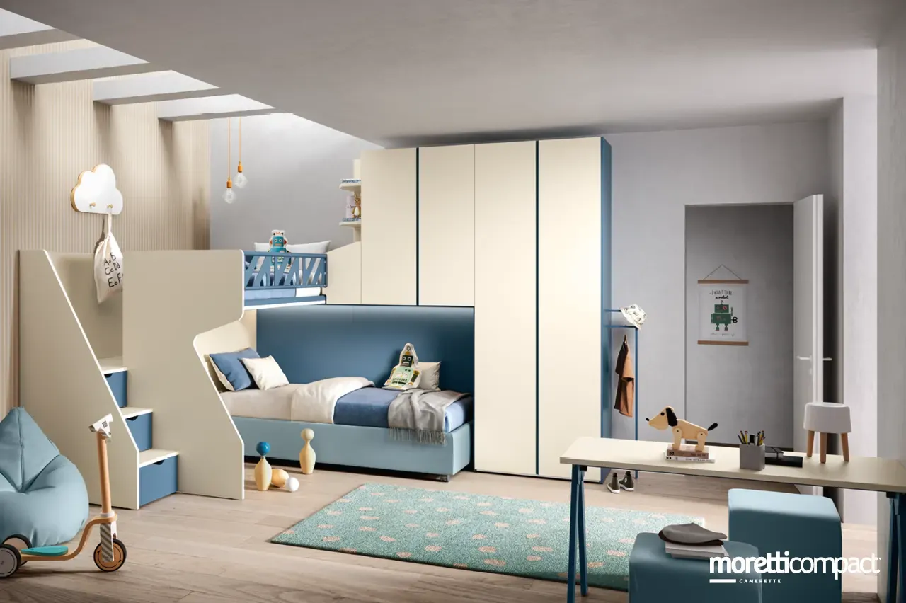 Cameretta Kids K123 Moretti Compact con soppalco Concept crema e blu navy