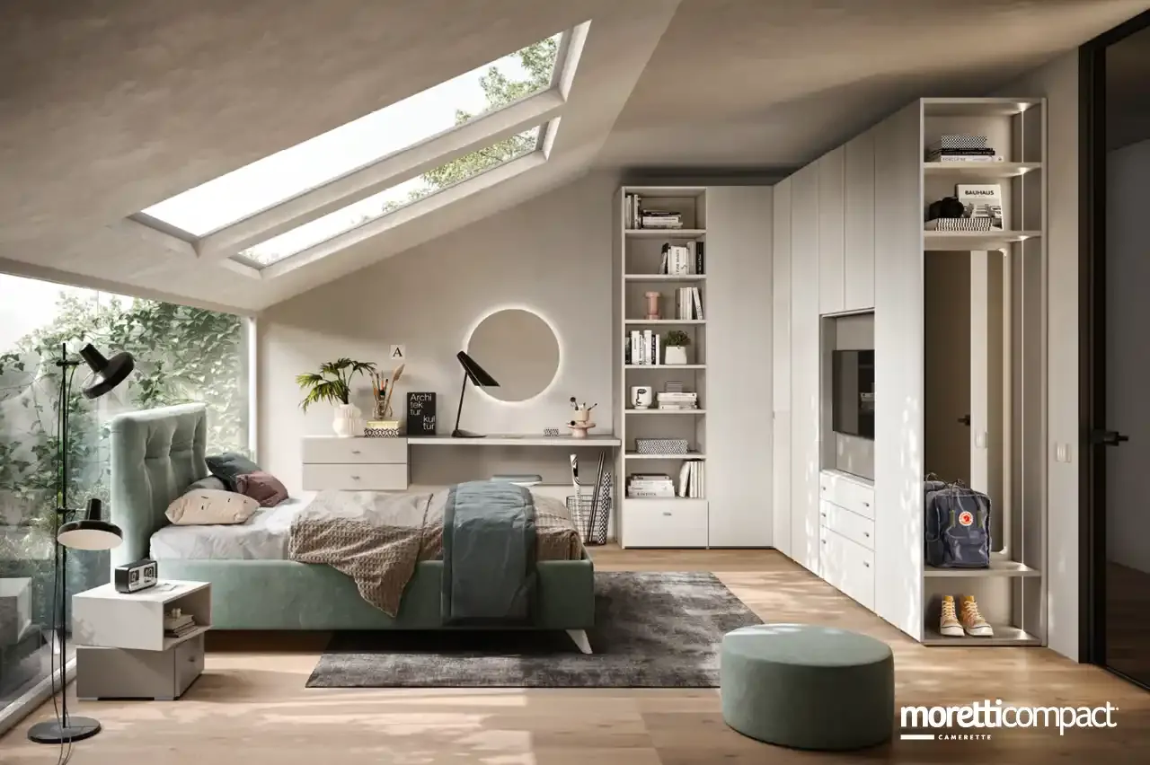 Cameretta Young Y101 Moretti Compact in mansarda con letto imbottito verde e armadio bianco