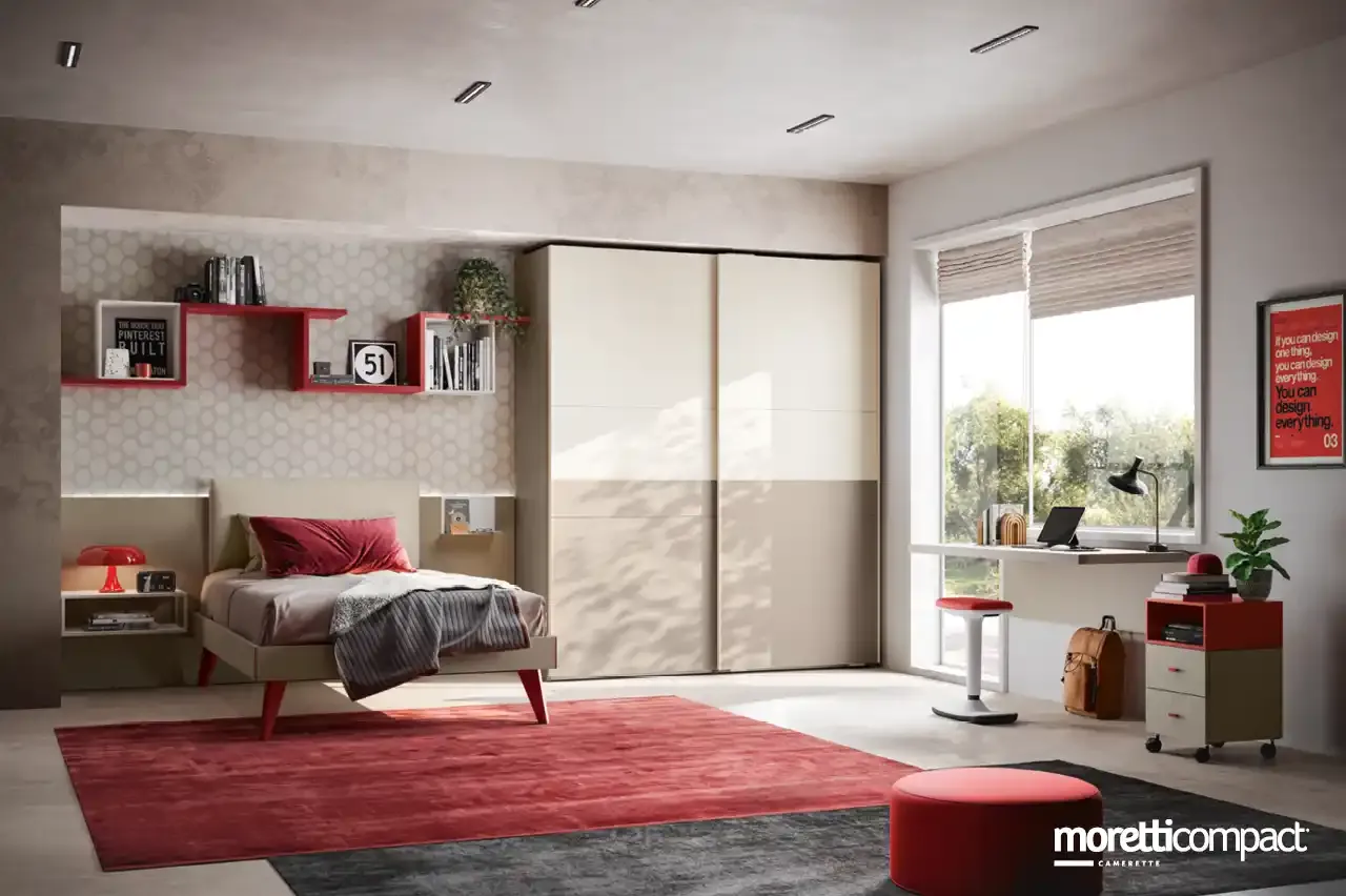 Cameretta Young Y107 Moretti Compact con sommier, pannello Wally e armadio scorrevole marsala