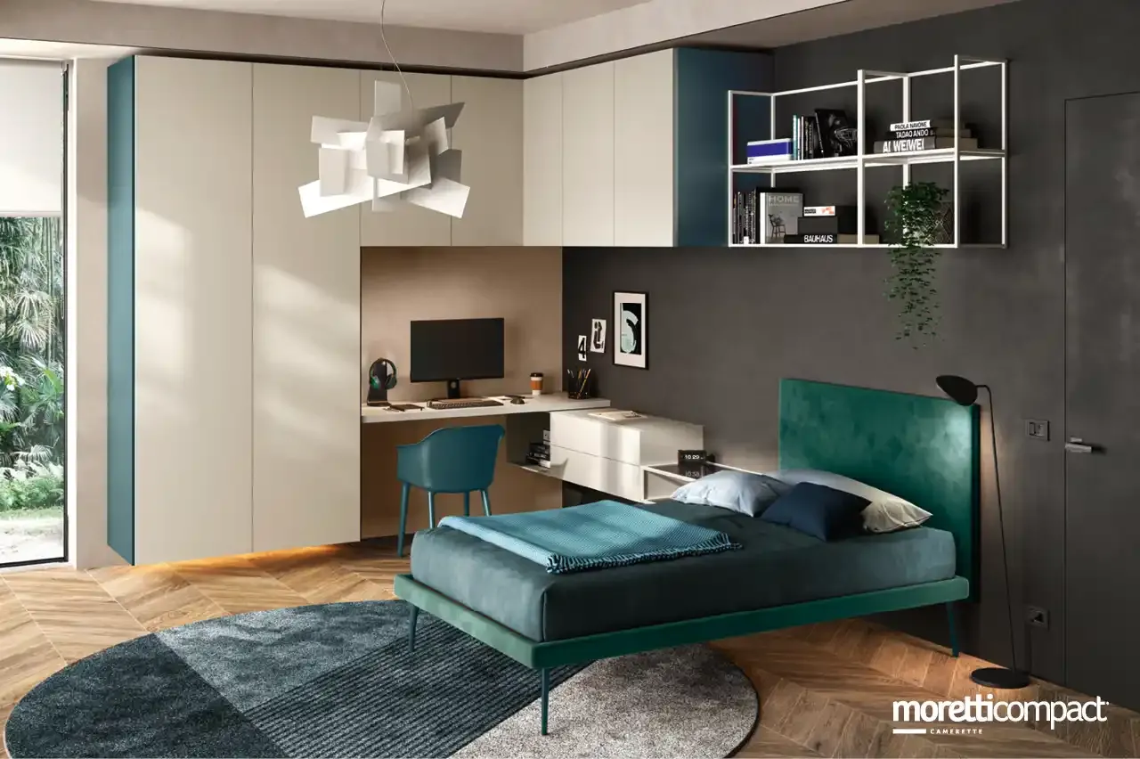 Cameretta Young Y111 Moretti Compact con armadio sospeso Fly e letto verde petrolio