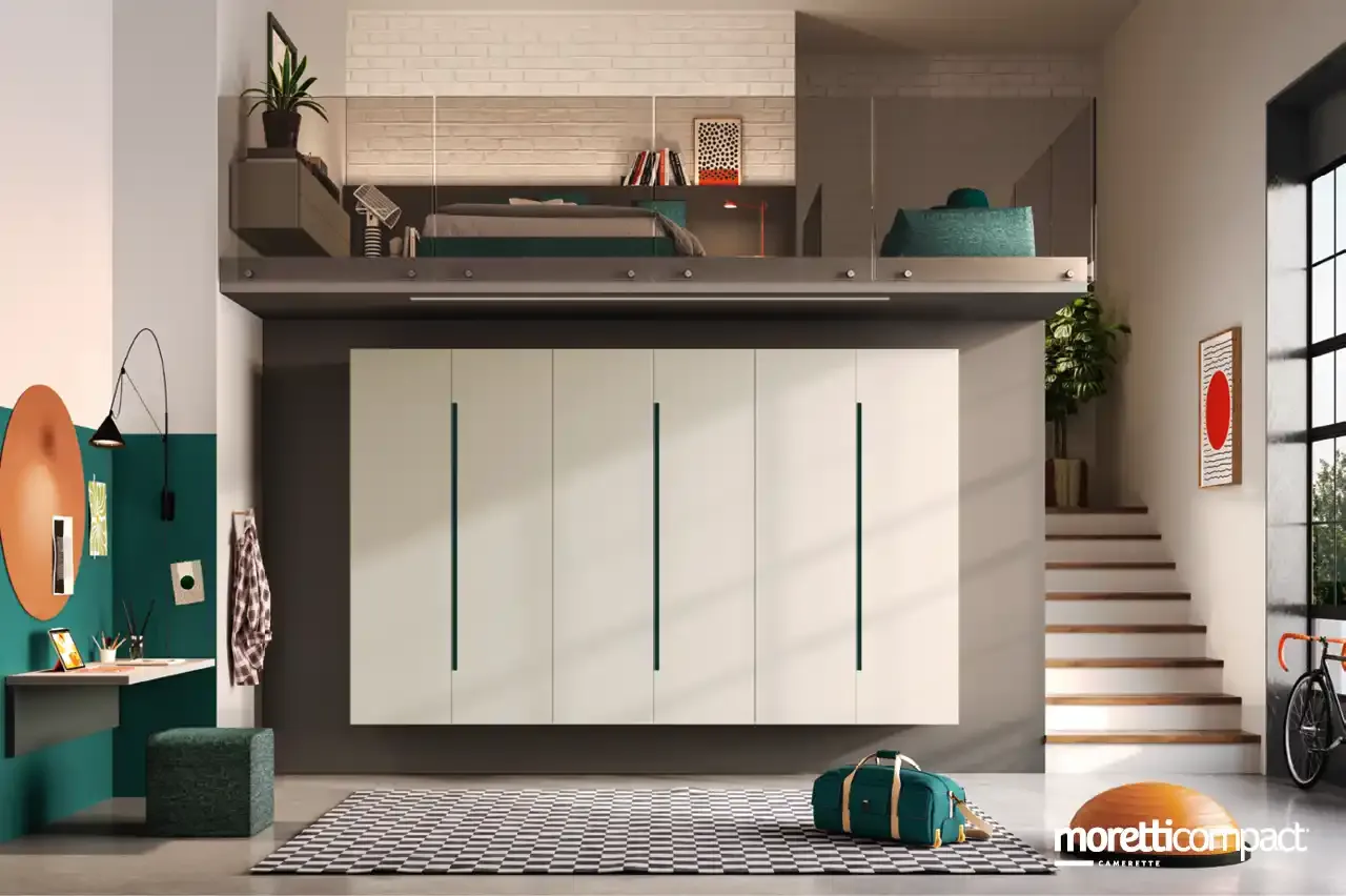 Cameretta Young Y115 Moretti Compact con letto rialzato e armadio sospeso Fly