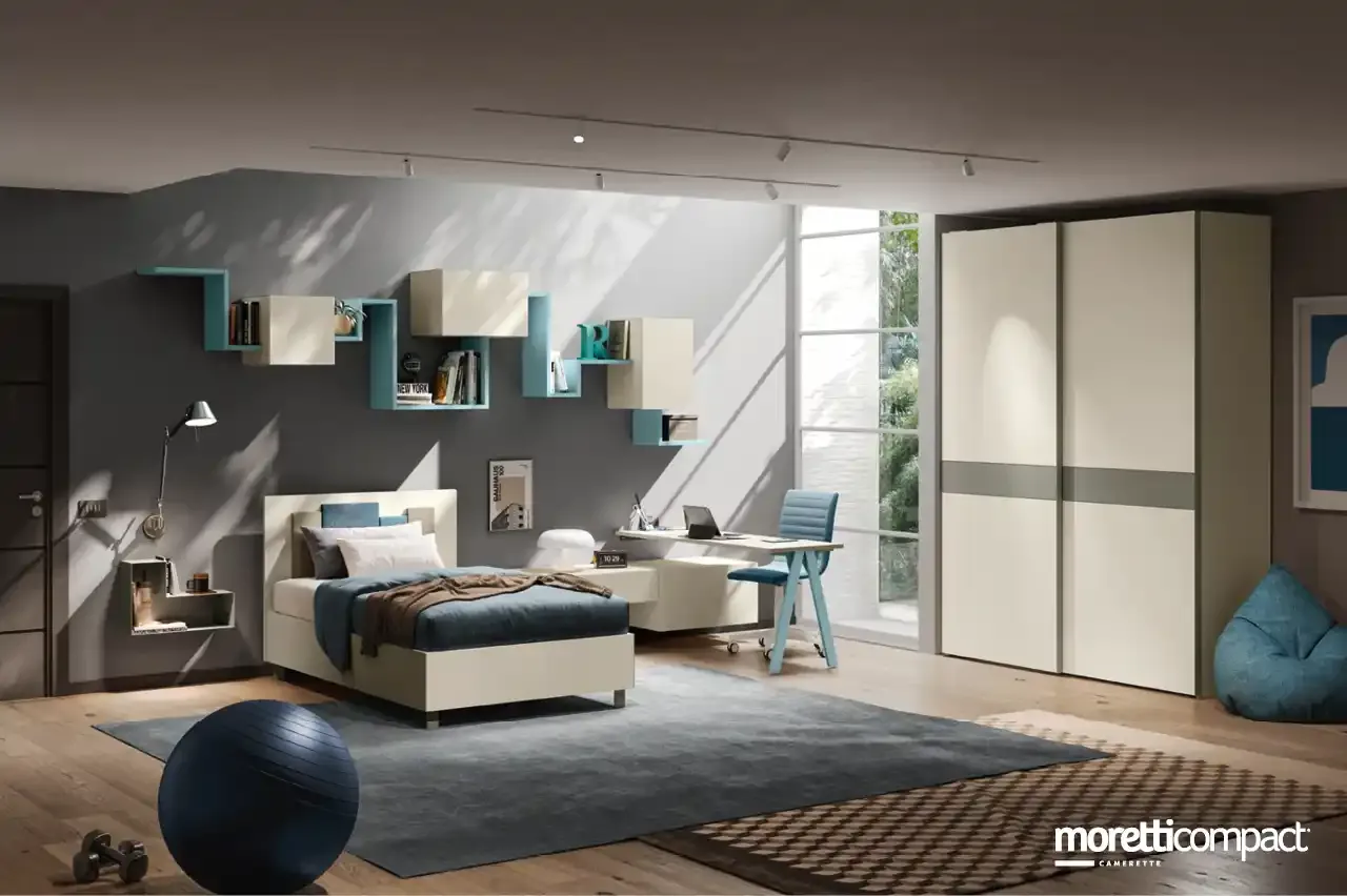 Cameretta Young Y118 Moretti Compact con libreria Outline sopra la scrivania e letto imbottito
