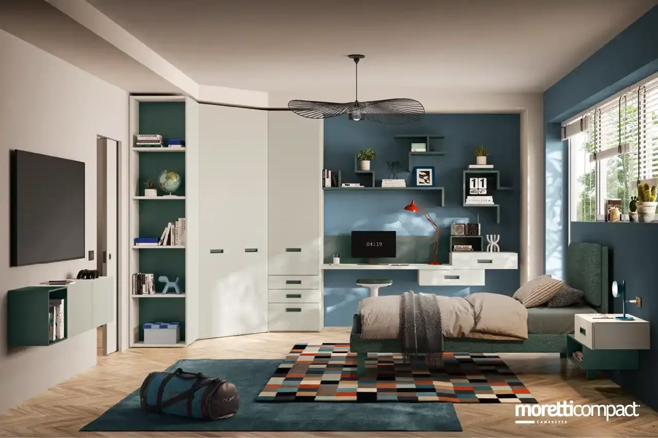 Cameretta Young Y120 Moretti Compact bianca con scrivania sospesa e accessori verde muschio