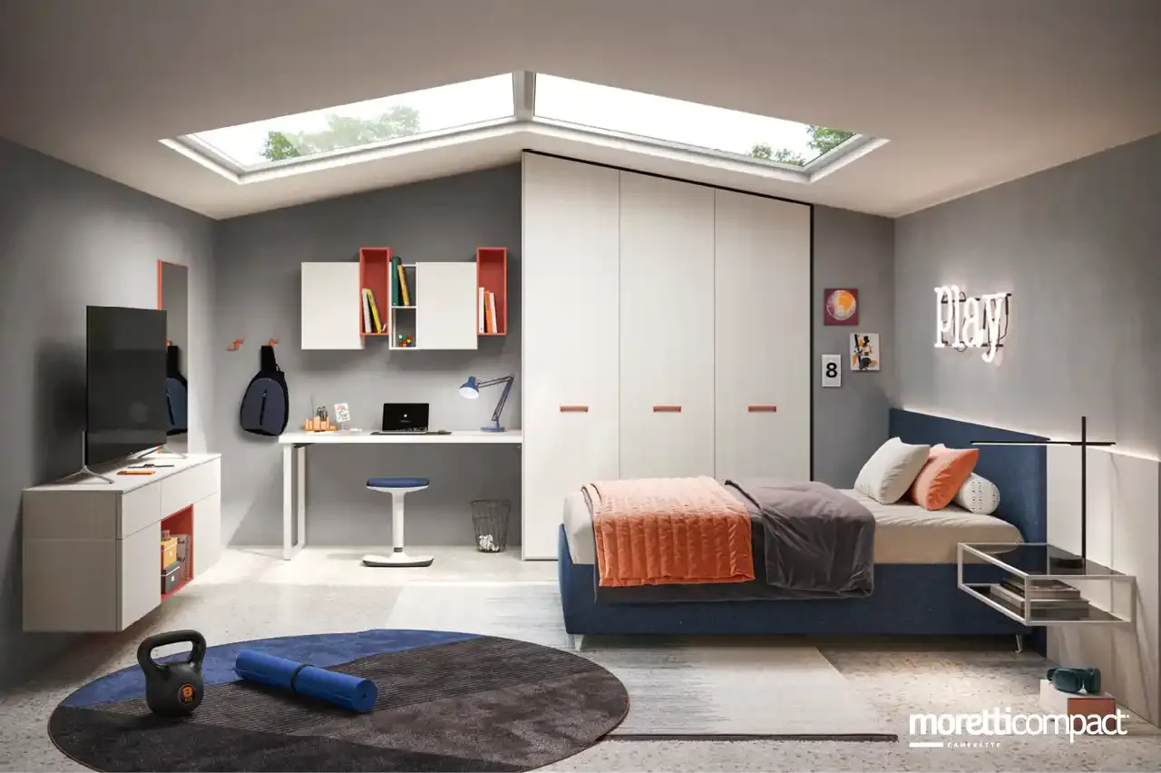 Cameretta Young Y122 Moretti Compact in mansarda con armadio inclinato e letto sotto la falda