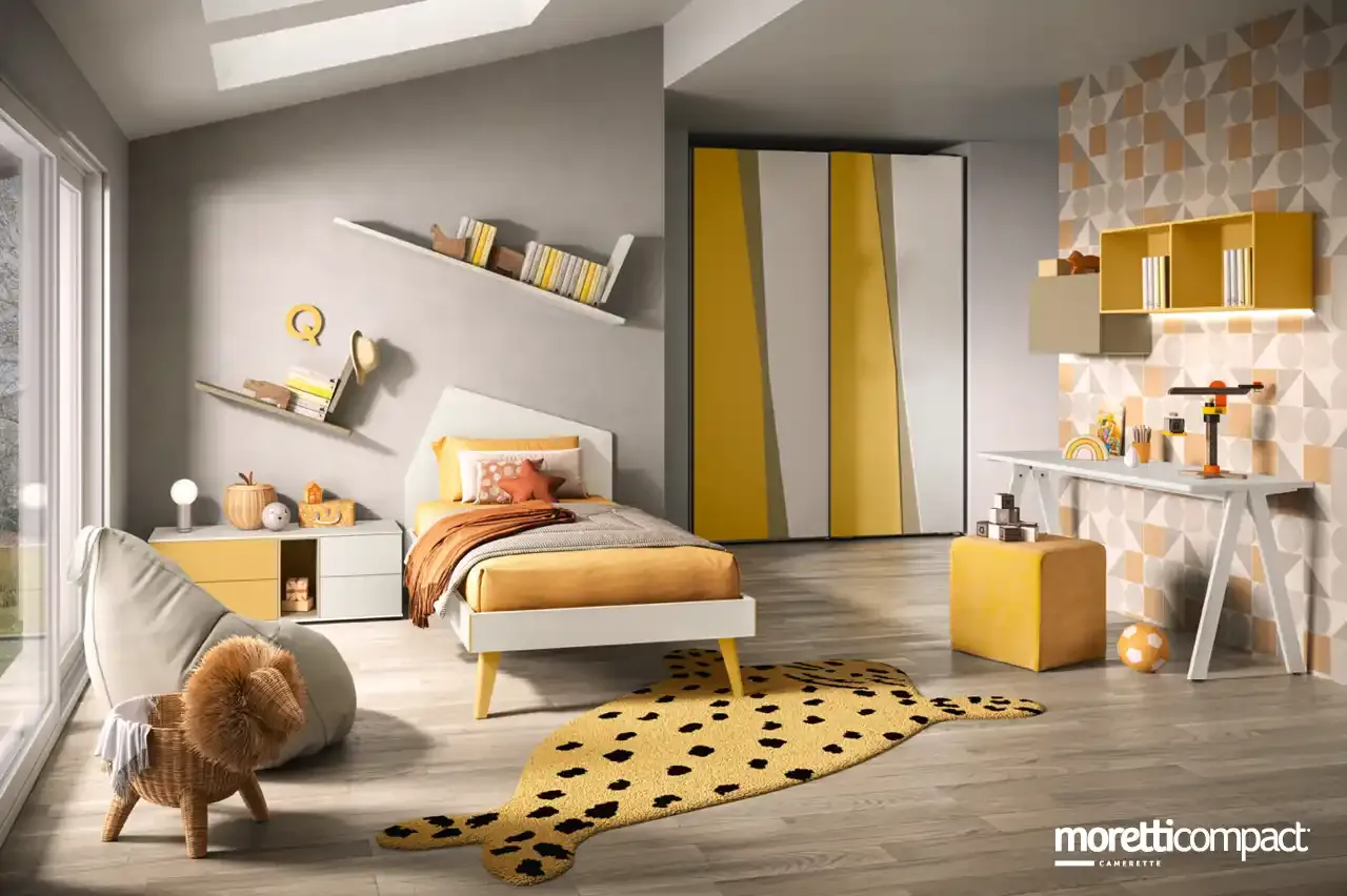 Cameretta Kids K101 Moretti Compact con letto Iceberg, mensole Warp e armadio scorrevole