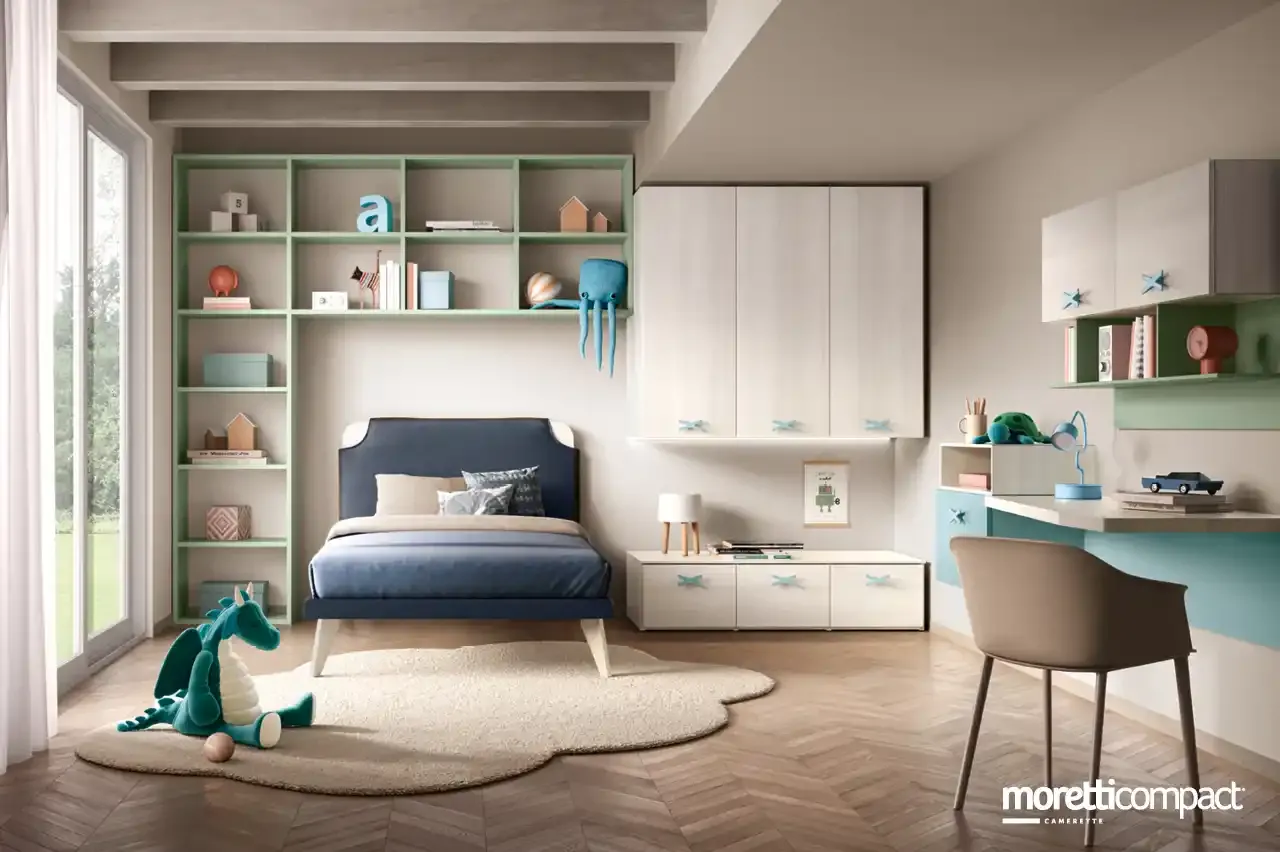 Cameretta Kids K102 Moretti Compact con libreria Outline menta sopra il letto