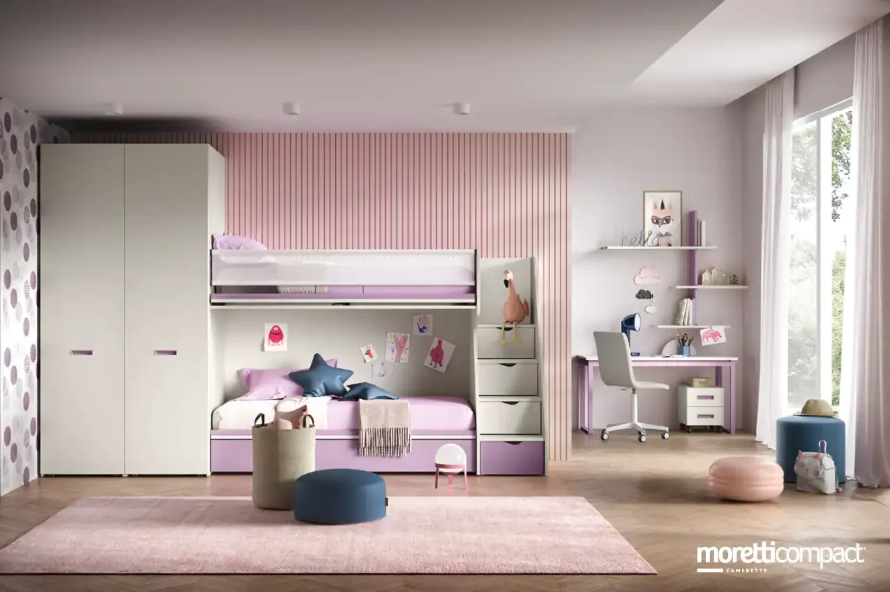 Cameretta Kids K103 Moretti Compact con soppalco Level e armadi estraibili rosa