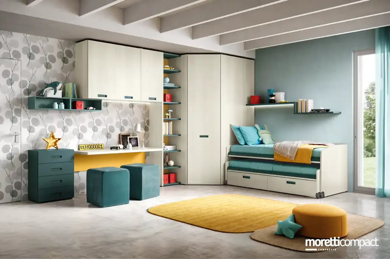 Cameretta Kids K105 Moretti Compact con cabina armadio angolare e letto Space Idea