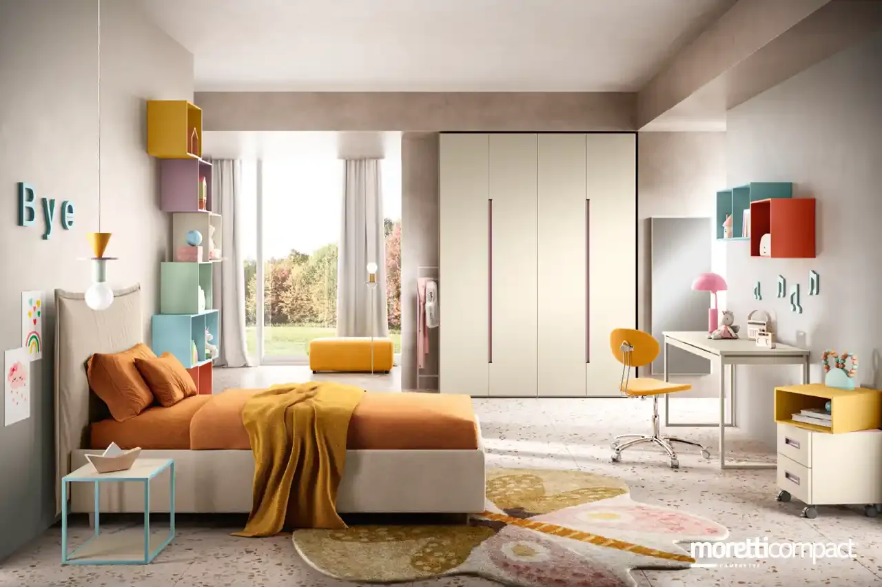 Cameretta Kids K107 Moretti Compact con libreria di wallbox colorati e letto imbottito