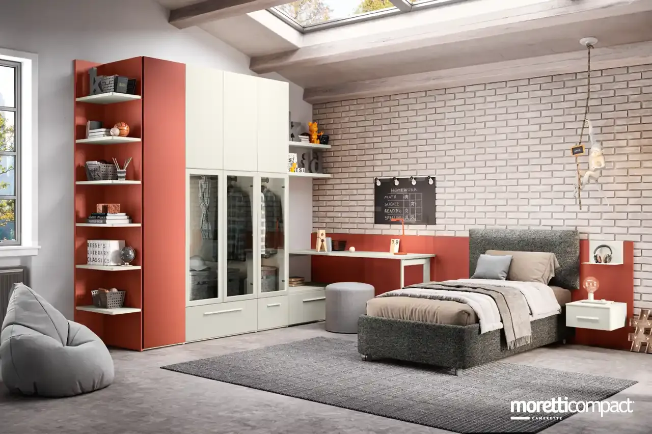 Cameretta Kids K108 Moretti Compact con armadio ad ante vetrina e pannello Wally