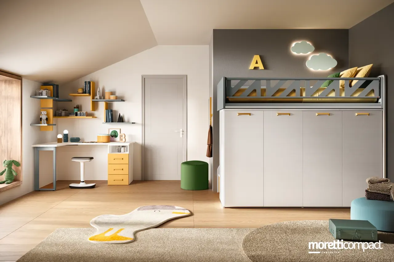 Cameretta Kids K109 Moretti Compact con letto alto Level Smart e scrivania con mensole Warp