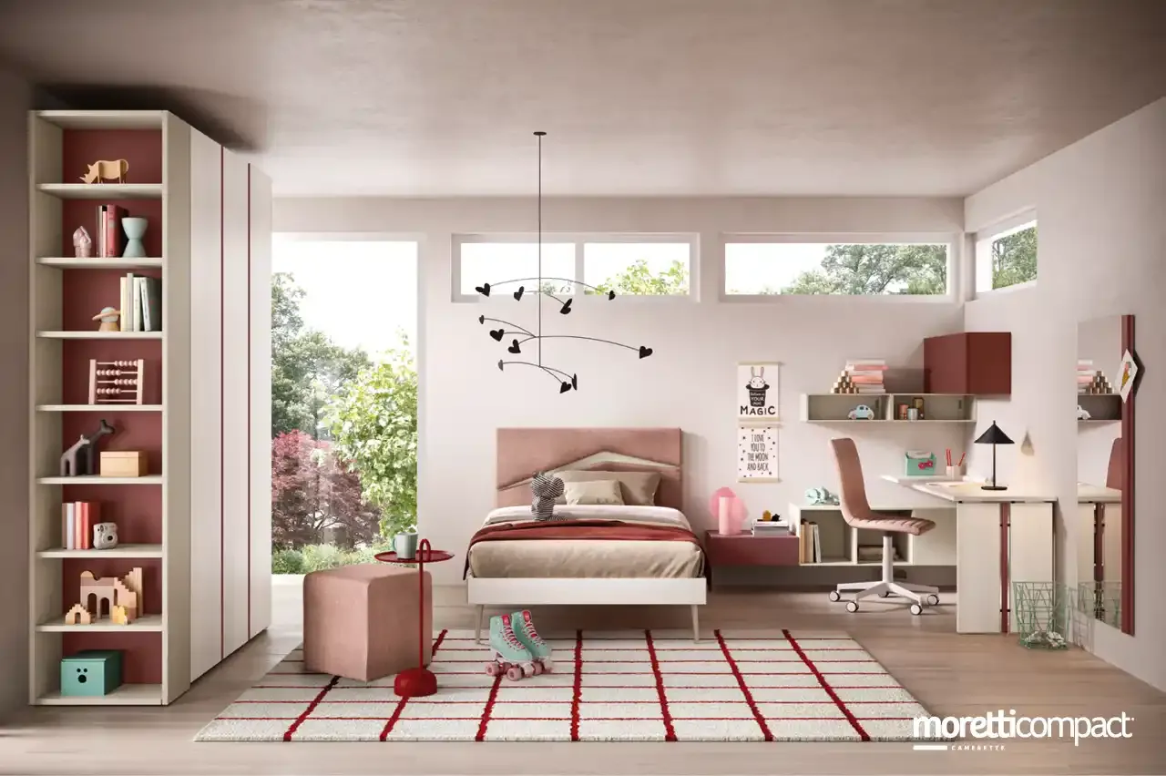 Cameretta Kids K115 Moretti Compact con letto Wing Cloth e armadio con gola porpora