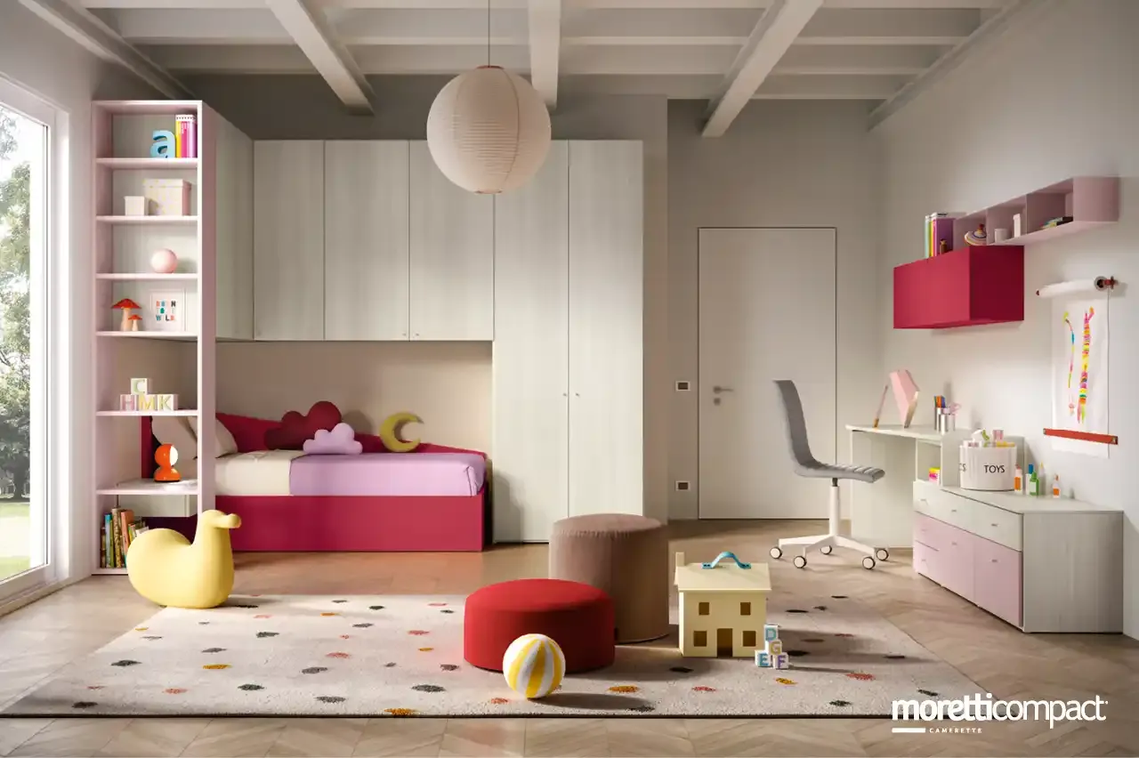 Cameretta Kids K119 Moretti Compact con ponte angolare, divano letto e libreria laterale