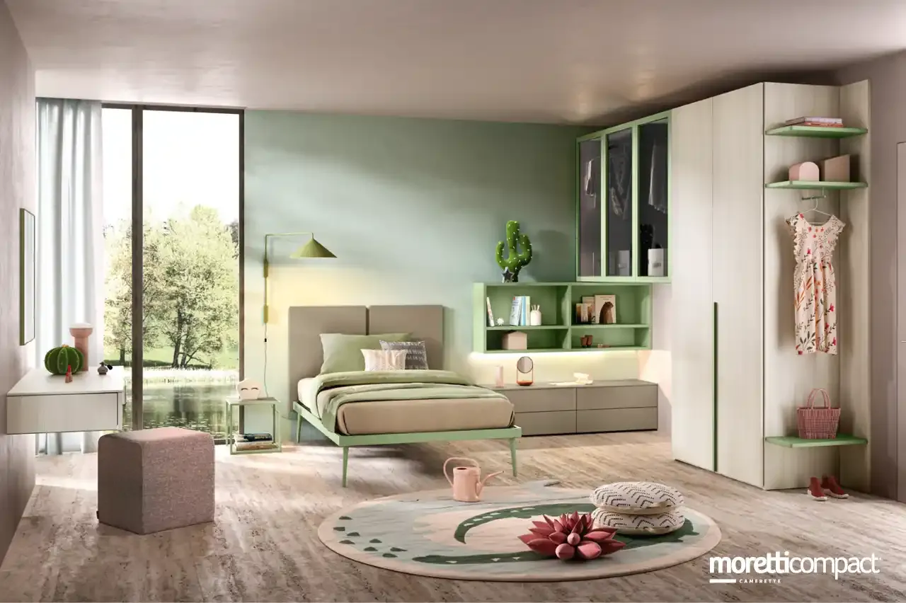 Cameretta Kids K120 Moretti Compact verde con armadio a ponte a vetrine e letto Twins