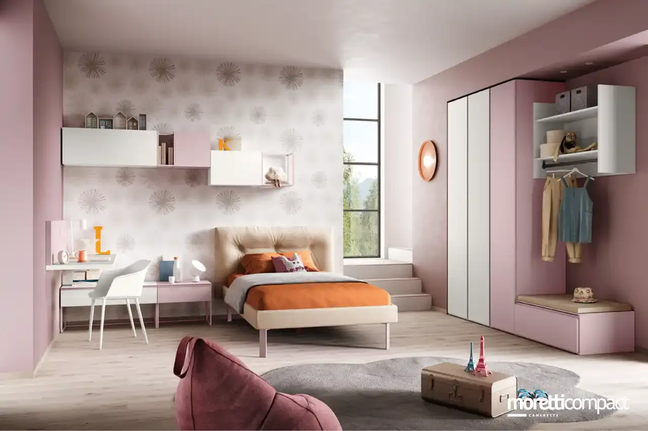 Cameretta Kids K121 Moretti Compact rosa con letto Step e armadio con maniglie a gola