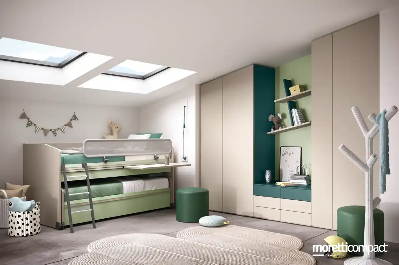 Cameretta Kids K124 Moretti Compact in mansarda con armadio sagomato e letti Space Idea
