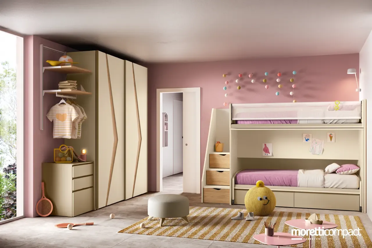 Cameretta Kids K125 Moretti Compact con letto a castello Level Smart e armadio scorrevole