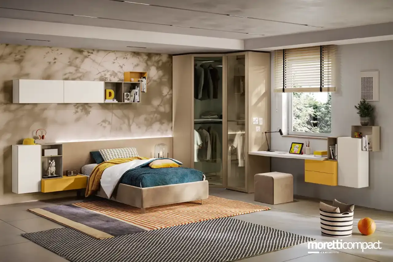 Cameretta Young Y102 Moretti Compact con cabina armadio angolare ad anta vetrina e sommier