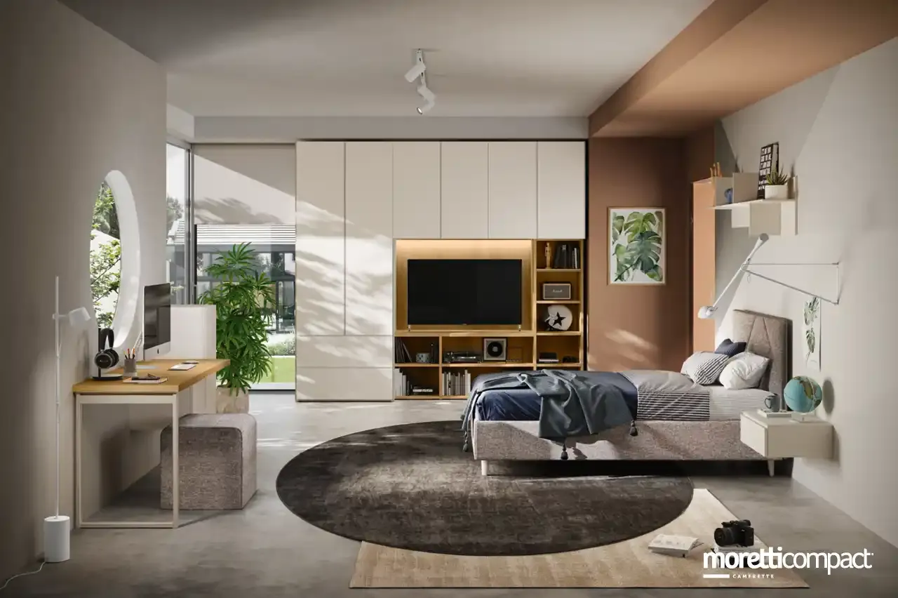 Cameretta Young Y104 Moretti Compact in quarzo e rovere con armadio battente e libreria