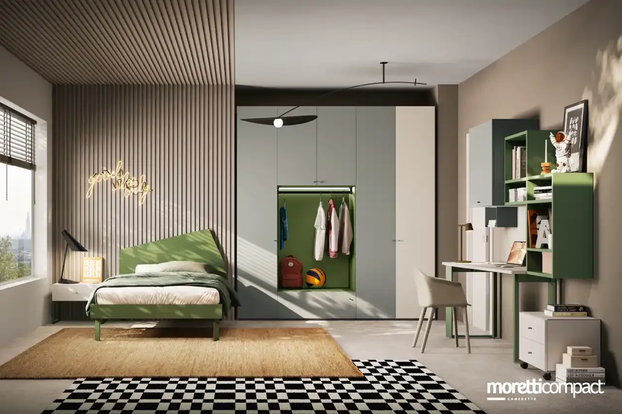 Cameretta Young Y106 Moretti Compact con dettagli verde bosco e armadio con vano aperto