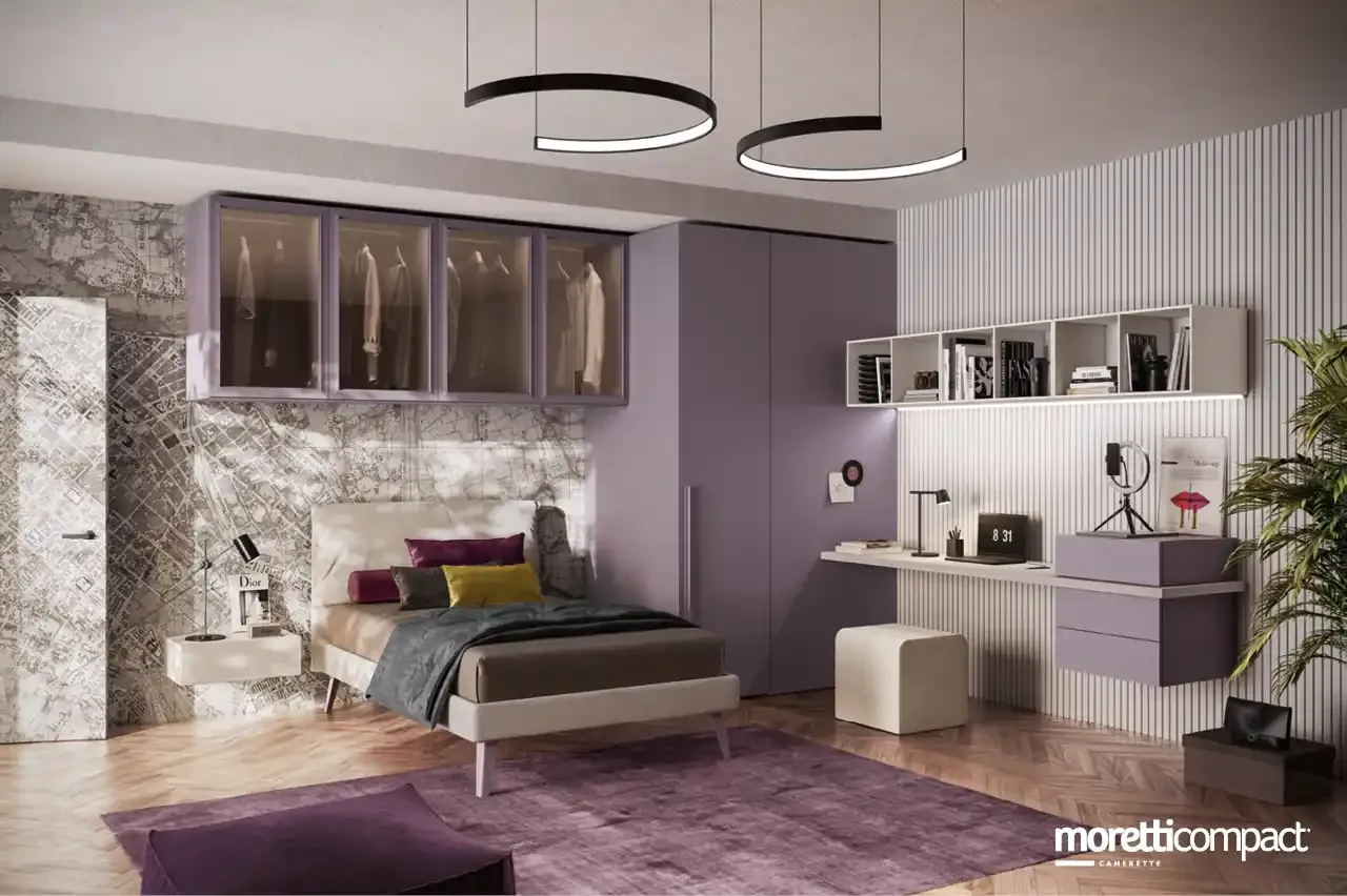 Cameretta Young Y109 Moretti Compact con wallbox sospesi a vetrina e scrivania lunga