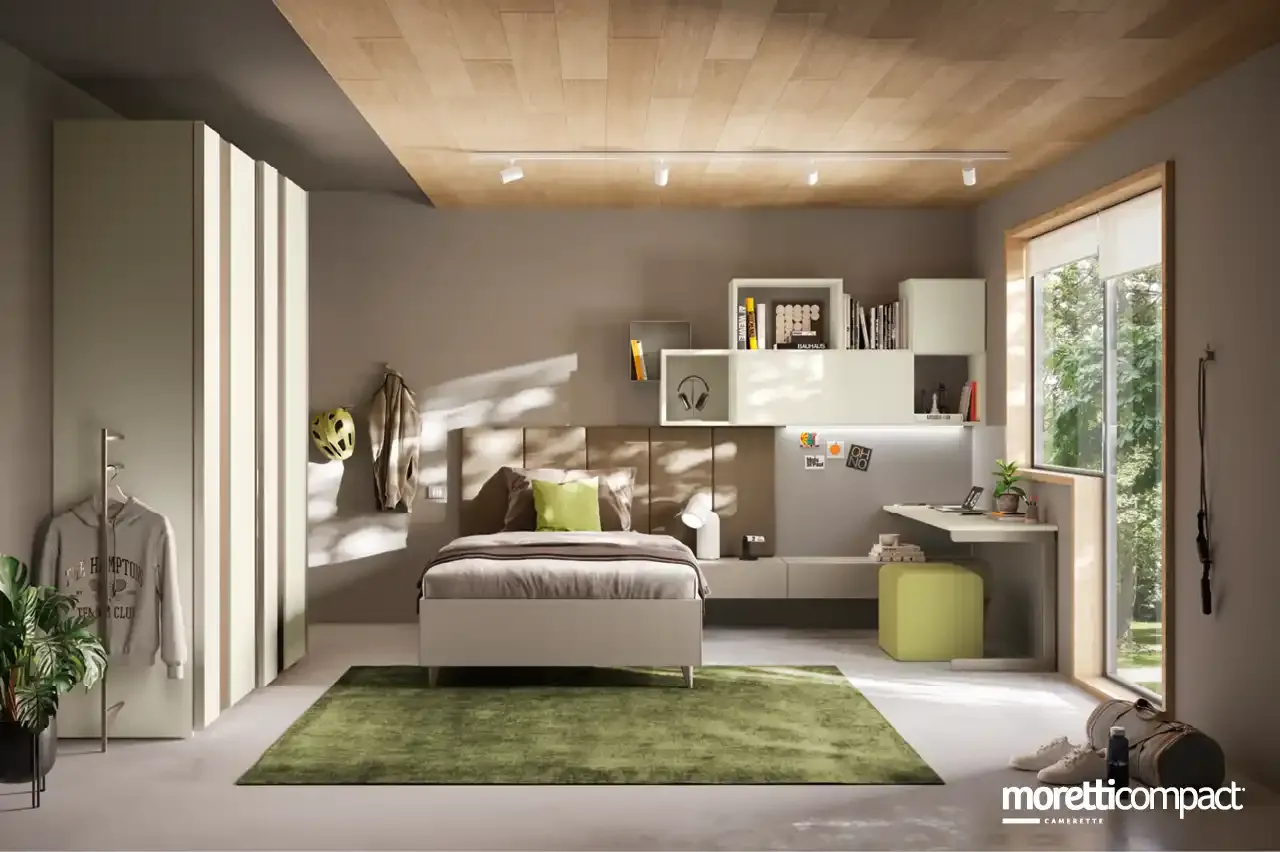 Cameretta Young Y110 Moretti Compact con pannelli Tetris dietro il letto e armadio scorrevole