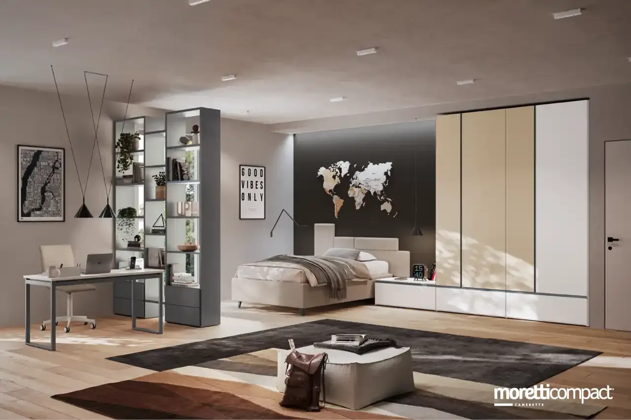 Camera Young Y113 Moretti Compact con libreria bifacciale tra letto e scrivania