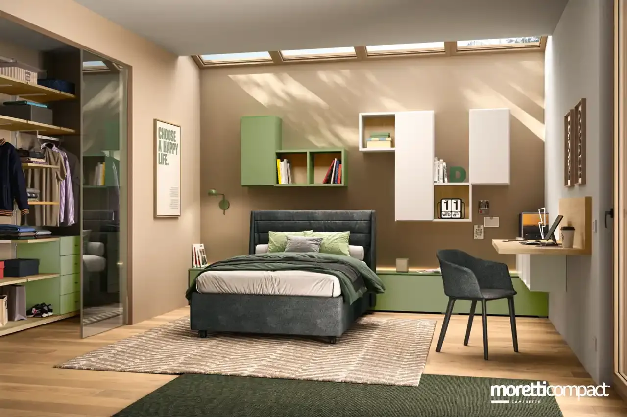 Cameretta Young Y114 Moretti Compact con letto imbottito, cabina armadio e lunga scrivania