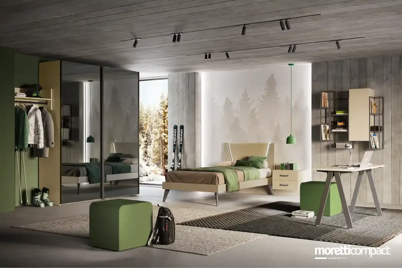 Cameretta Young Y116 Moretti Compact con armadio a specchio scorrevole e letto