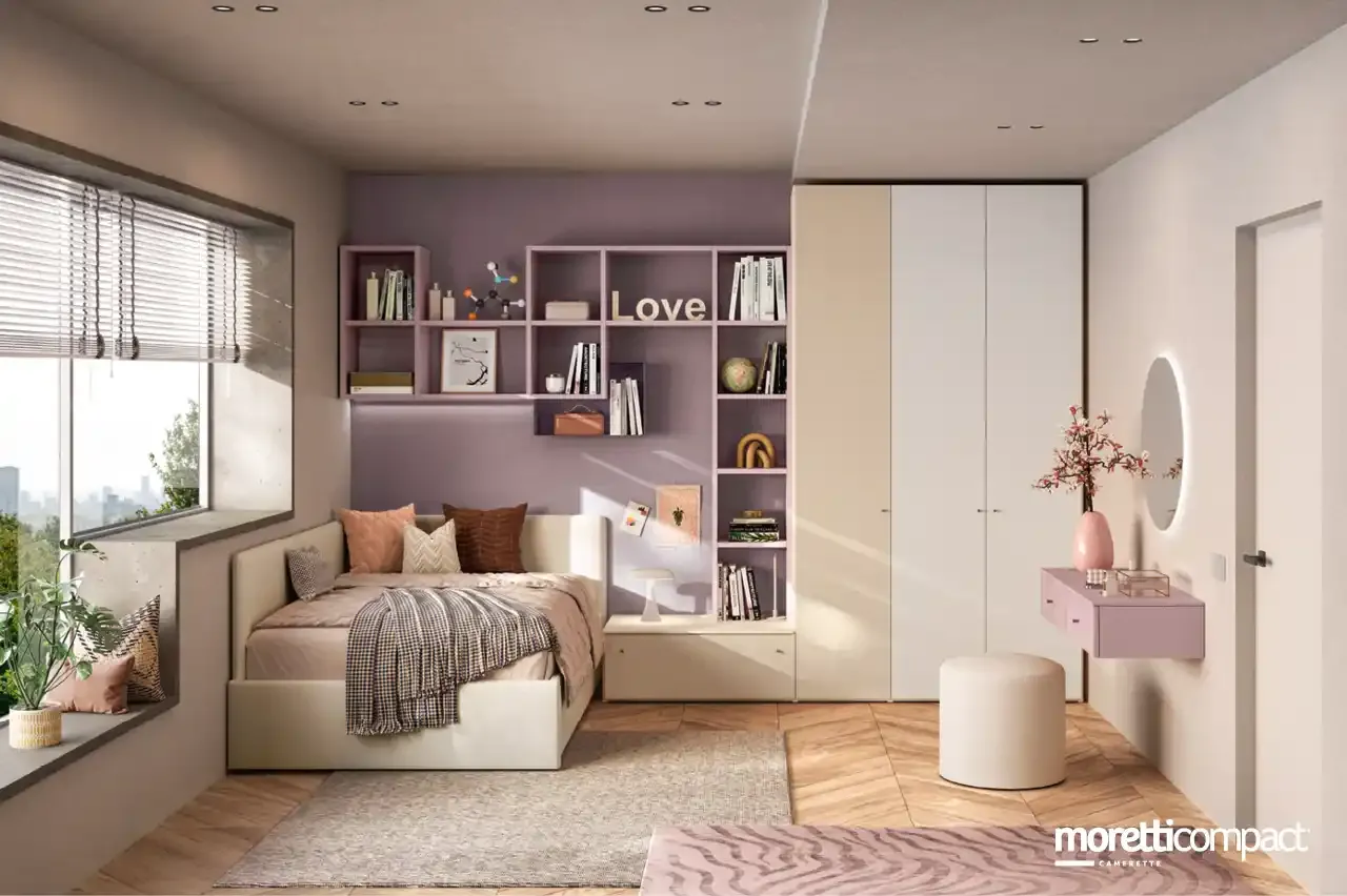 Cameretta Young Y117 Moretti Compact con divano letto imbottito e libreria Outline rosa