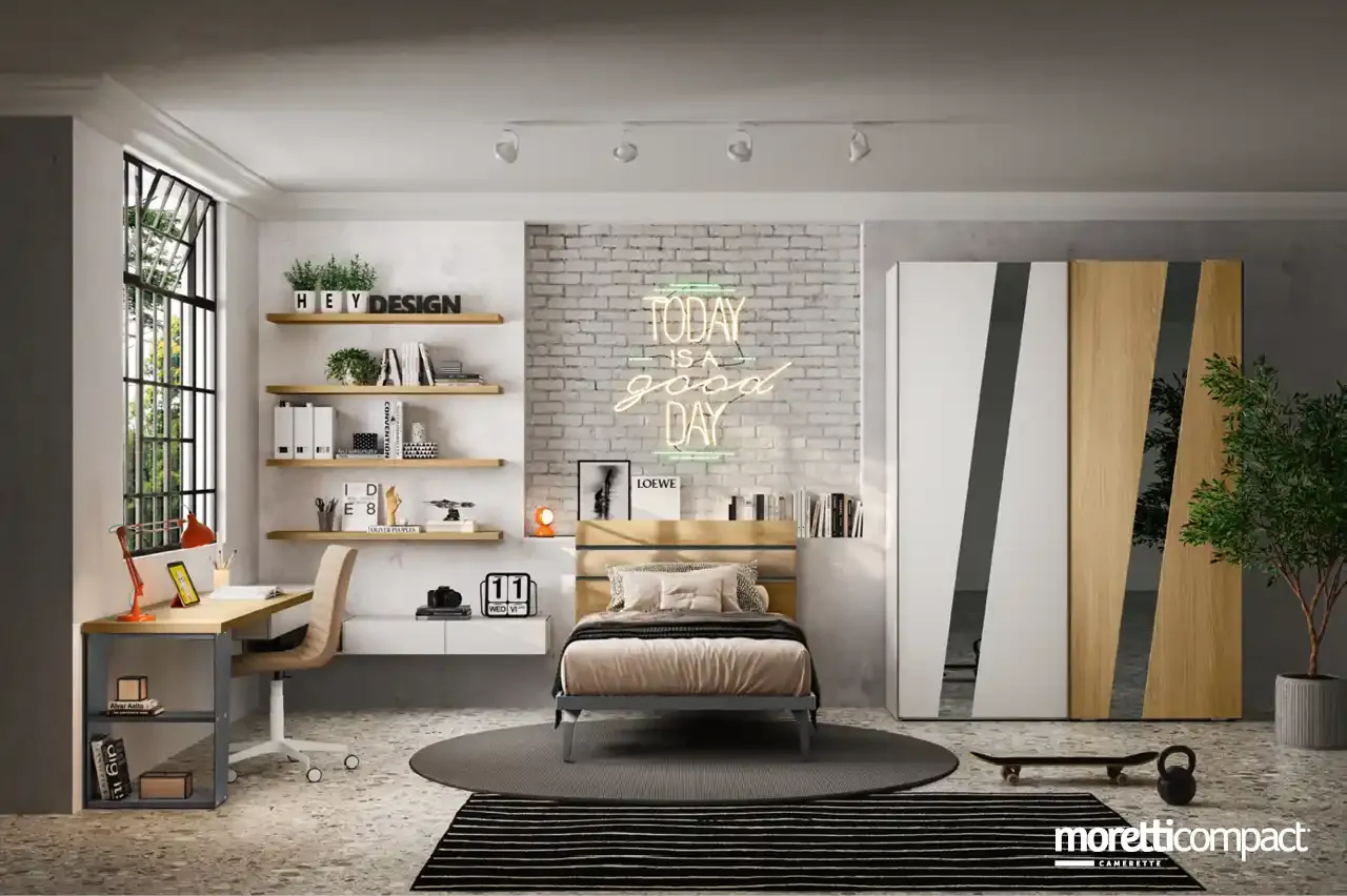 Camera Young Y119 Moretti Compact con letto in metallo e scrivania ad angolo