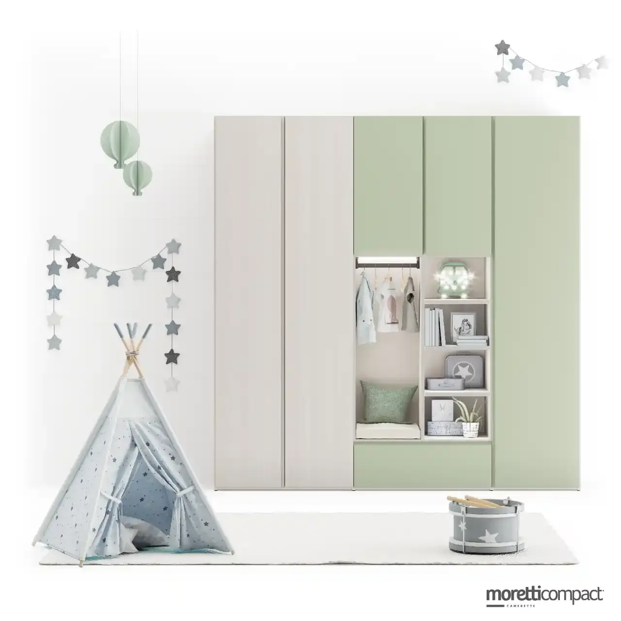 Armadio battente Moretti Compact con vani a giorno e nicchia centrale illuminata
