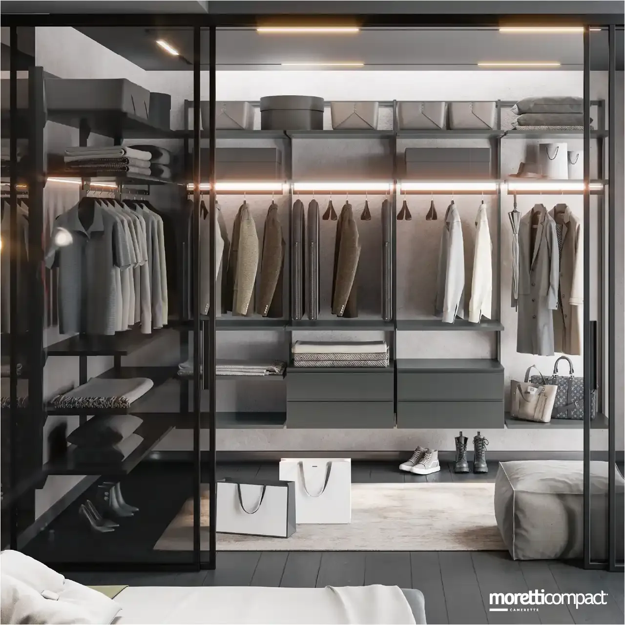 Cabina armadio Wall Moretti Compact ad angolo con illuminazione LED