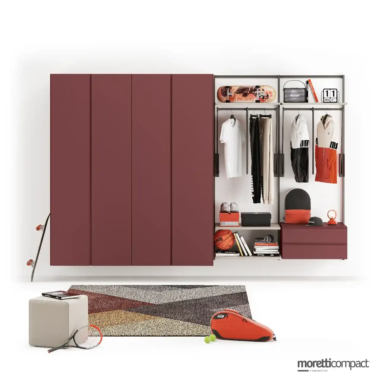 Armadio sospeso Fly Moretti Compact affiancato alla cabina armadio Wall