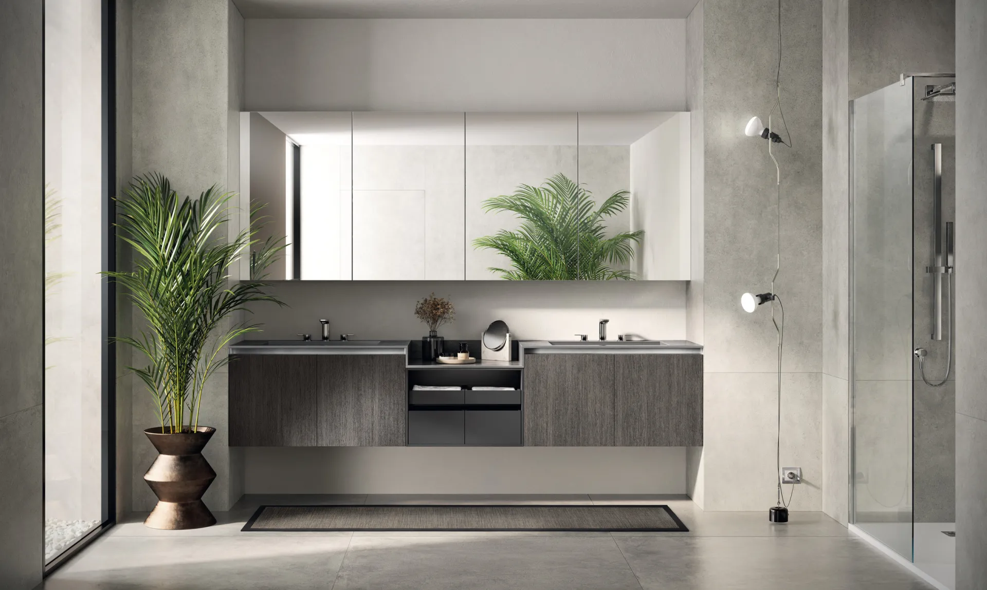 Bagno Lido Scavolini con basi sospese in decorativo Oriental, elemento a giorno Grigio Ferro e grande specchio