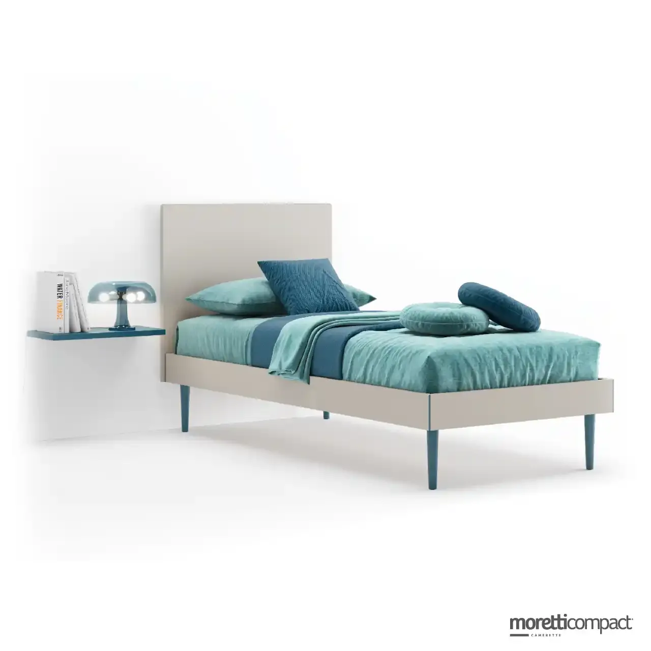 Letto Plane Moretti Compact con testata lineare blu navy e mensola Warp