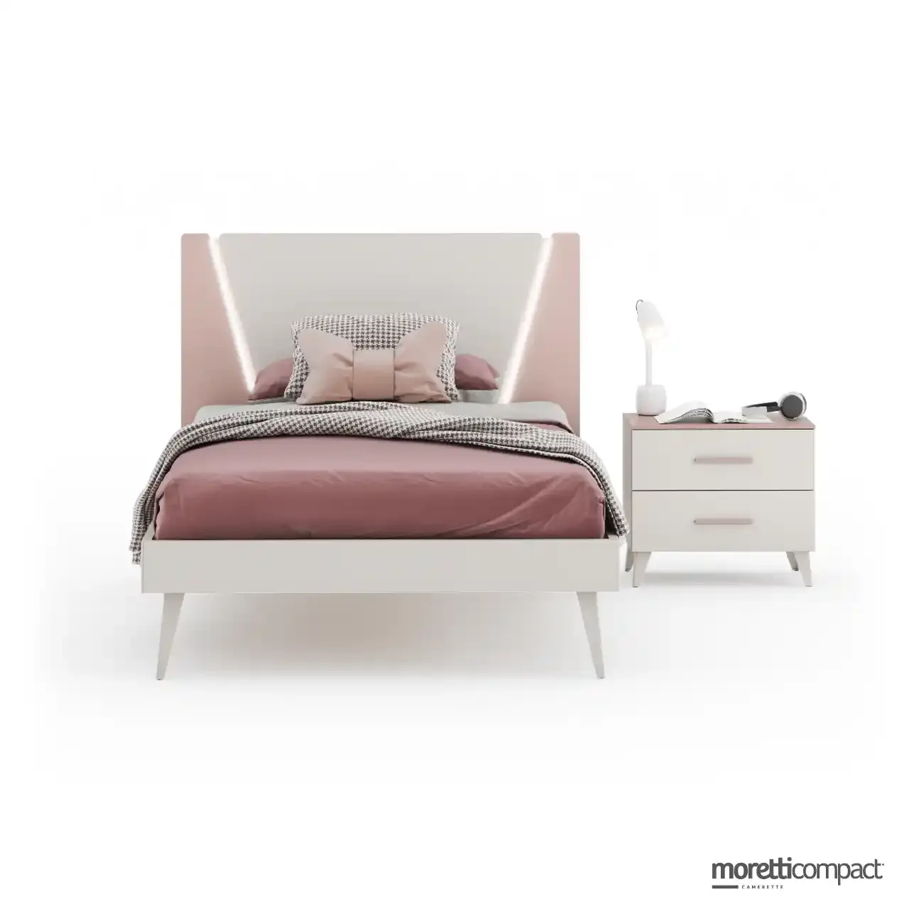 Letto Wow Moretti Compact con testata a luci LED e comodino Squarebox rosa