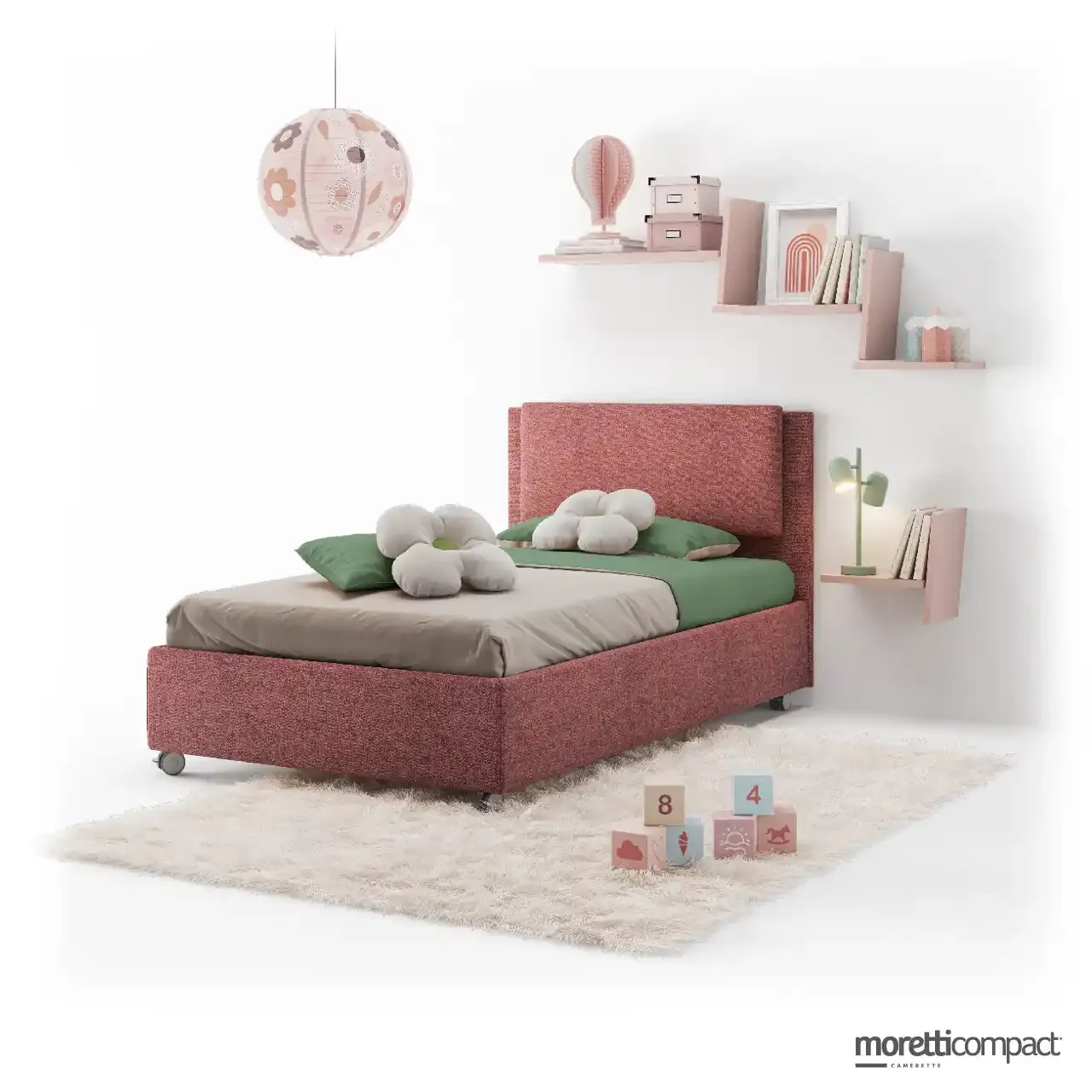 Letto Zen Pillow Moretti Compact con testata imbottita in bouclé rosa