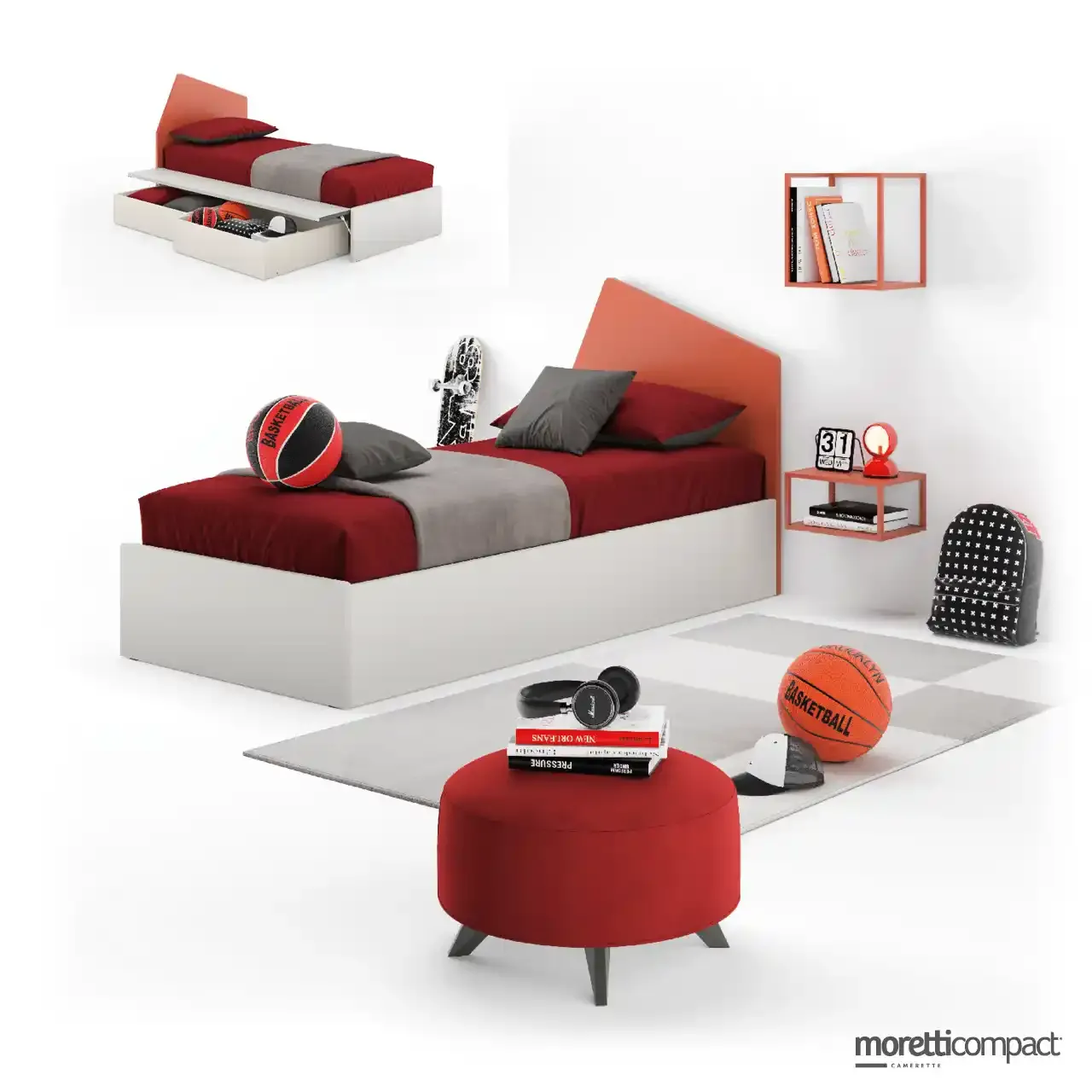 Letto Iceberg Moretti Compact corallo con giroletto Pop Open a cestoni