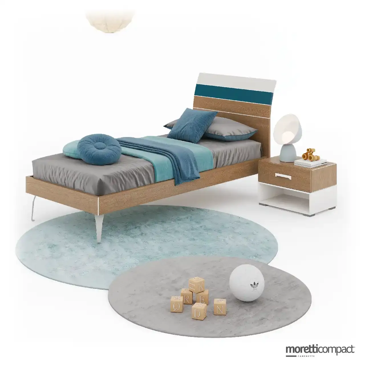 Letto Bend Moretti Compact con testata a fasce bianche, rovere e blu navy