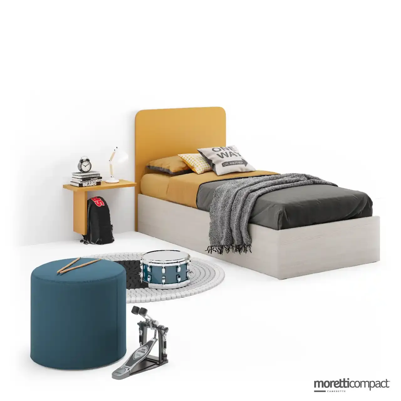 Letto Fillet Moretti Compact ocra con contenitore Pop High Box e mensole Warp