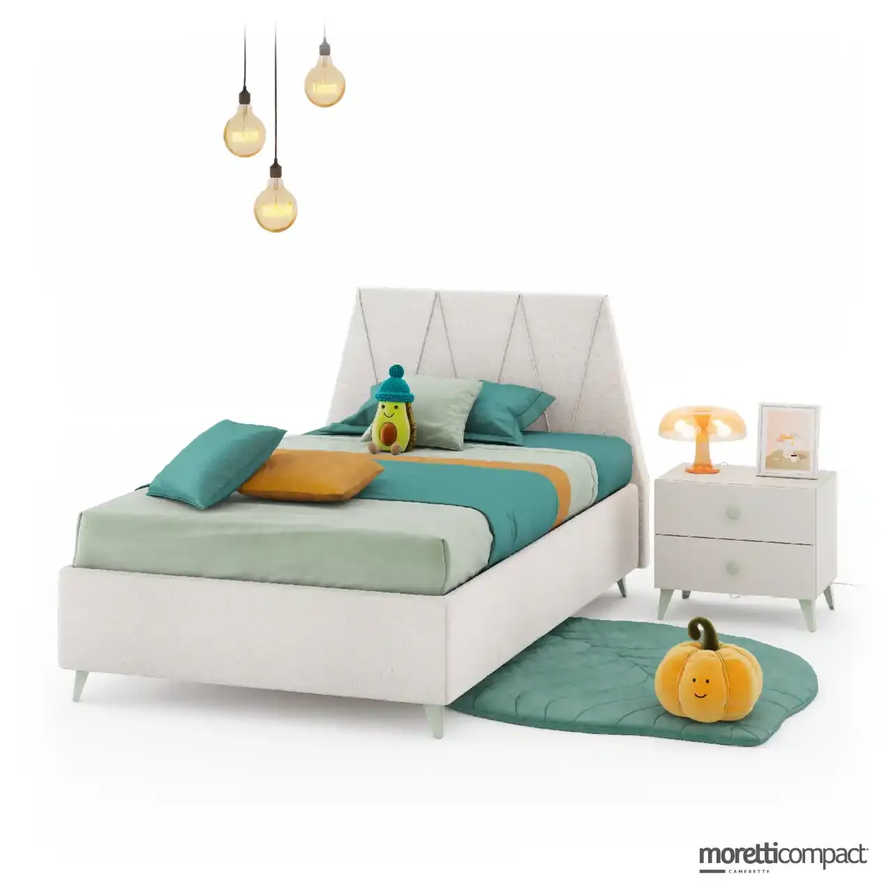 Letto Peak Poly Moretti Compact con testata imbottita geometrica in bouclé
